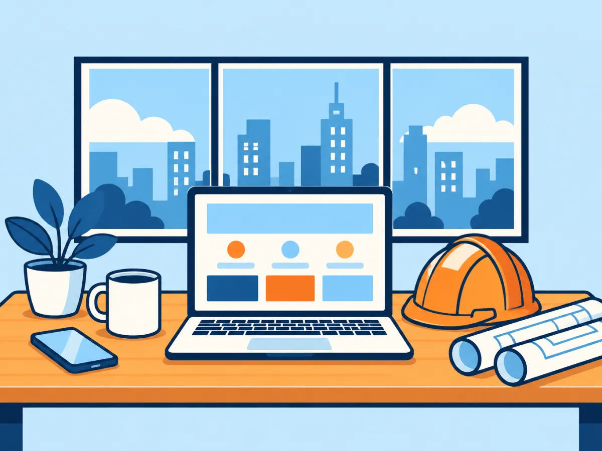 Ilustración de un escritorio con una laptop, un casco y planos enrollados